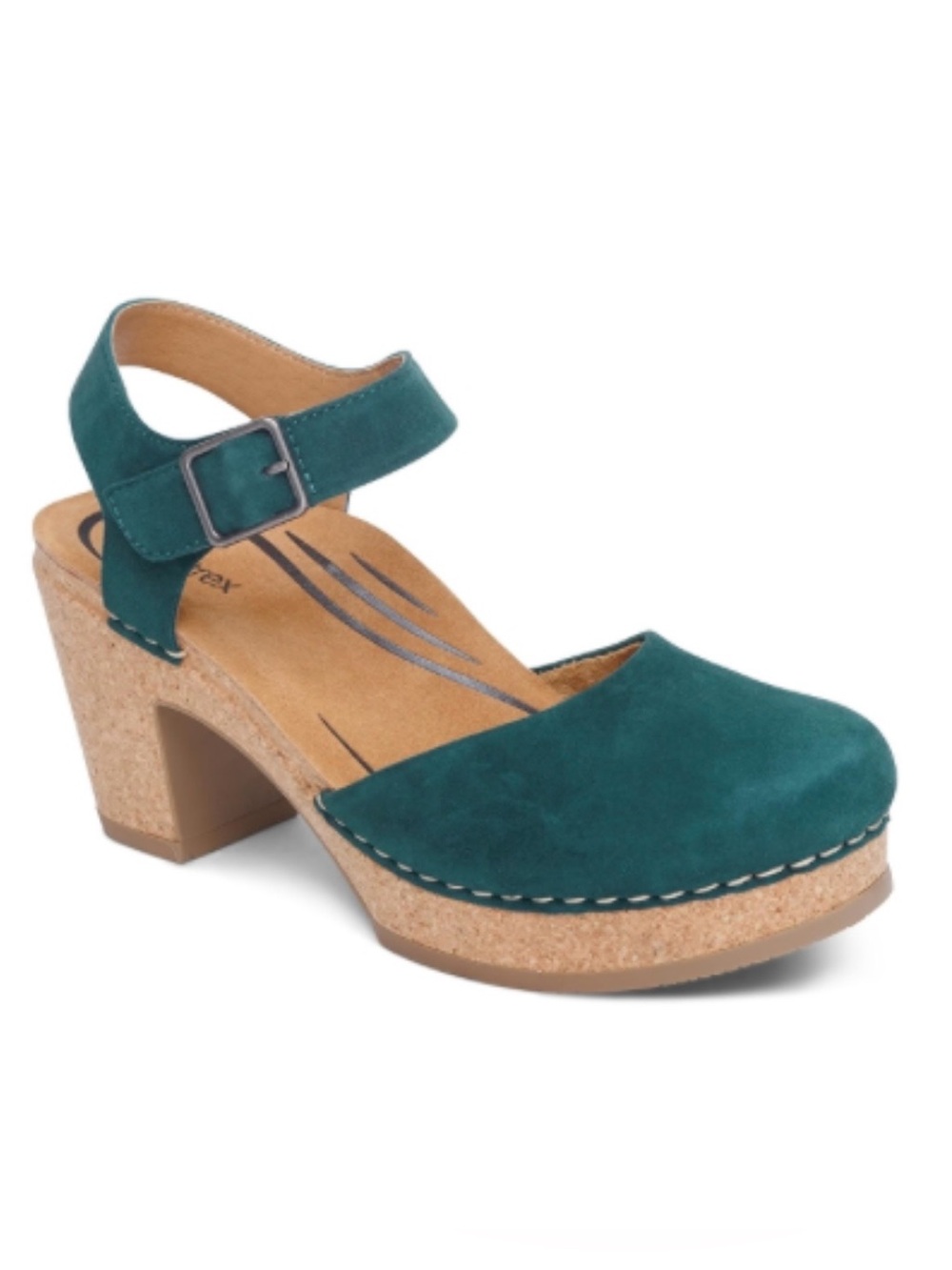 AETREX NWOT Emerald Green Blue Suede Ankle-Strap Mary Jane Cork Clog Size 8.5